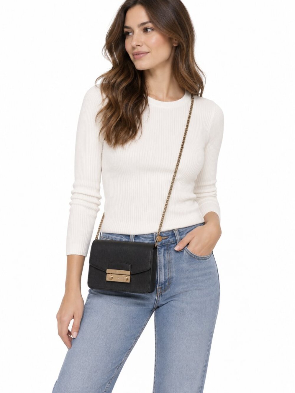 Furla Mini Julia Crossbody Bag Purse In Black Anti Scratch Leather